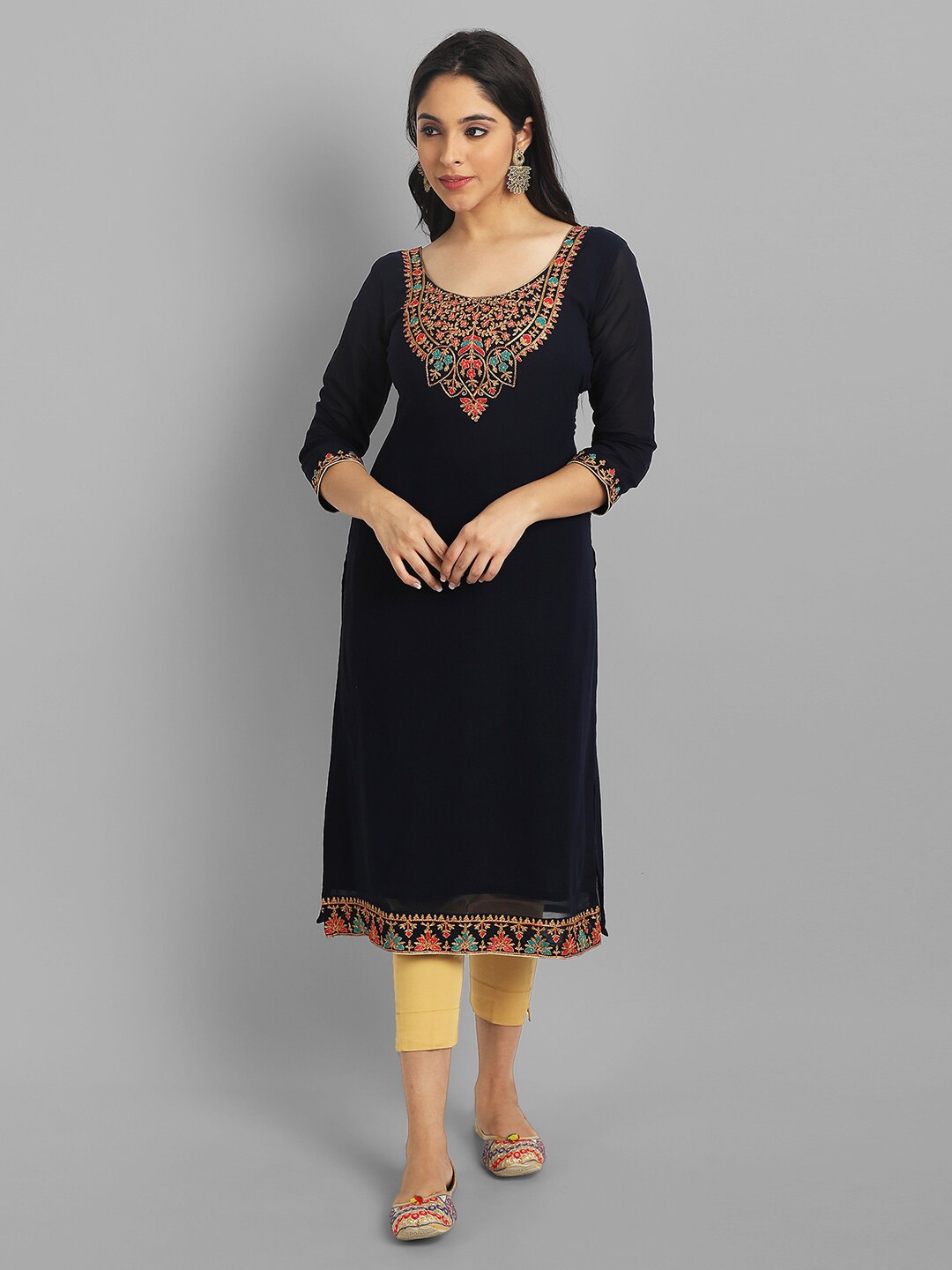 

Femvy Floral Yoke Design Thread Work Georgette Kurta, Black