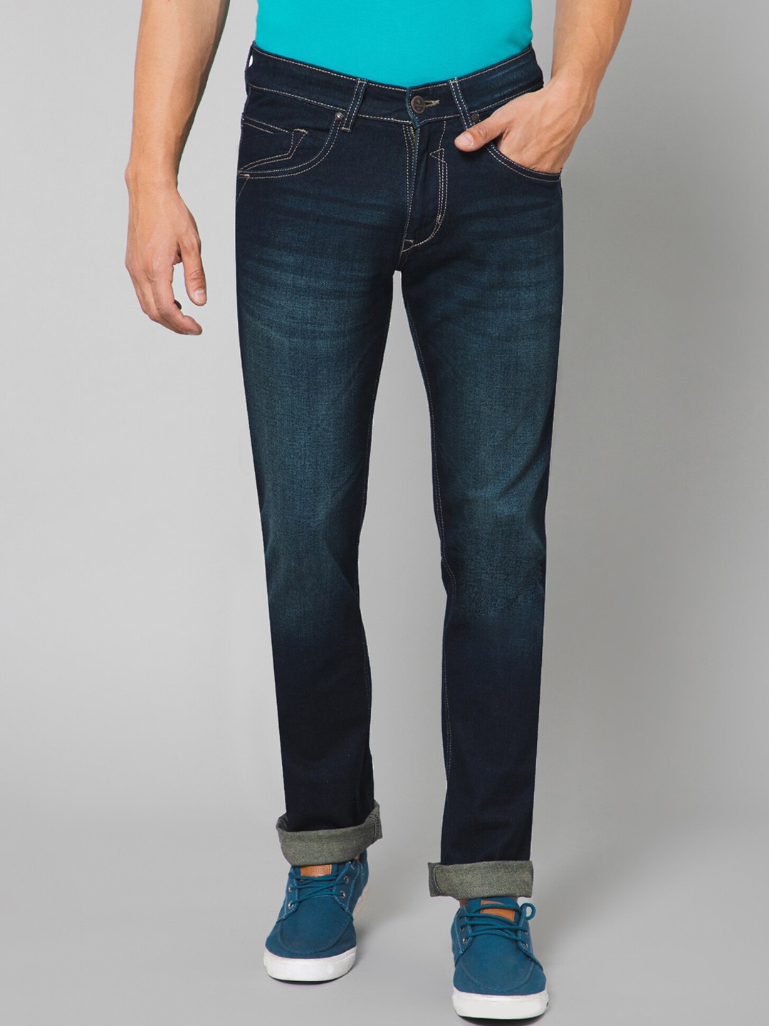 

Cantabil Men Mid Rise Light Fade Clean Look Whiskers Cotton Jeans, Blue