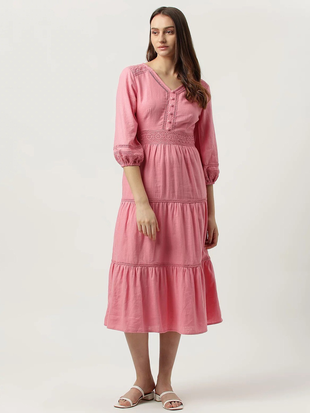 

Marks & Spencer Self Design Puff Sleeves Tiered Linen Fit & Flare Midi Dress, Pink