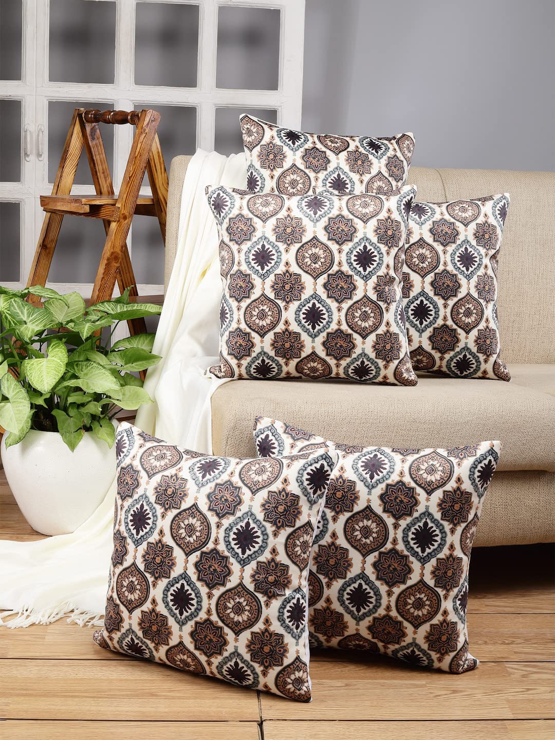 

Stylespace by Isha 5 Pieces Beige & White Ethnic Motifs Velvet Square Cushion Covers