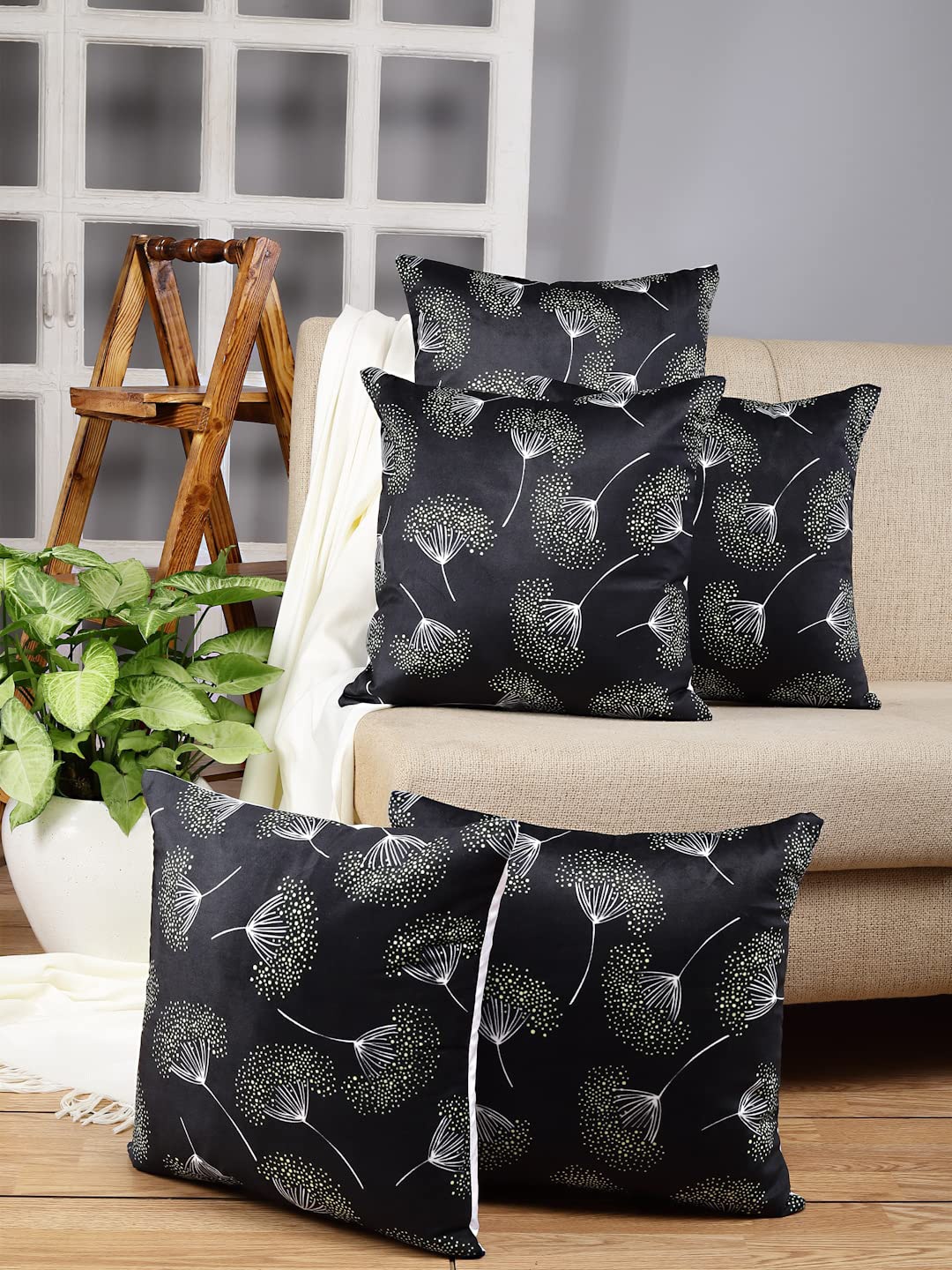 

Stylespace by Isha 5 Pieces Black & White Velvet Square Cushion Covers