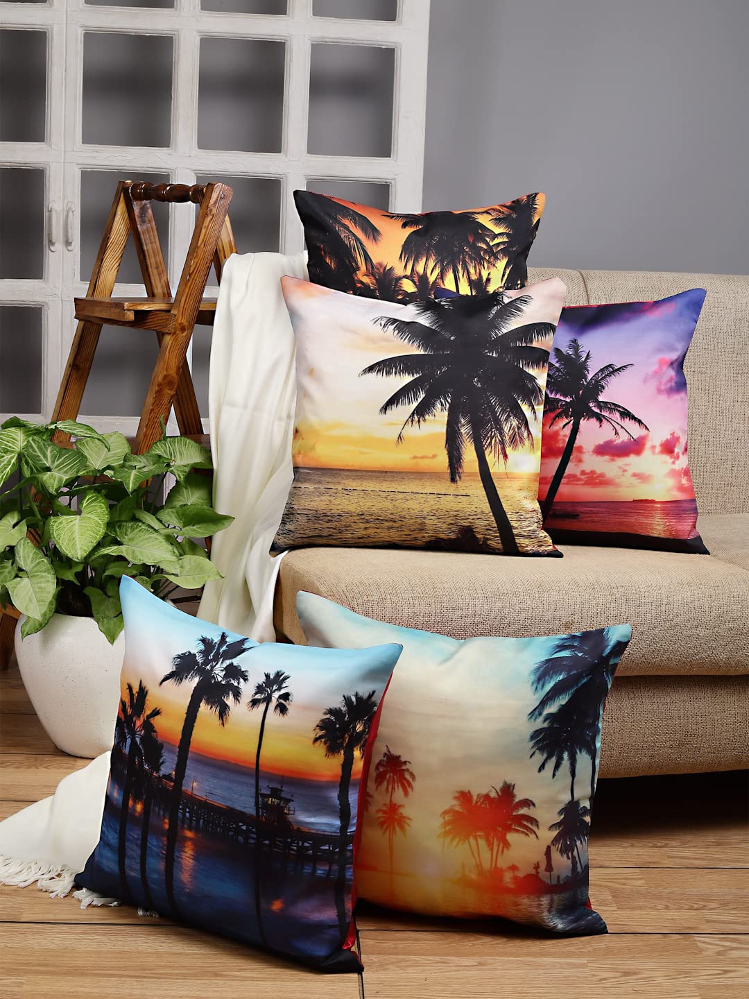 

Stylespace by Isha Beige & Blue Set of 5 Abstract Satin Square Cushion Covers