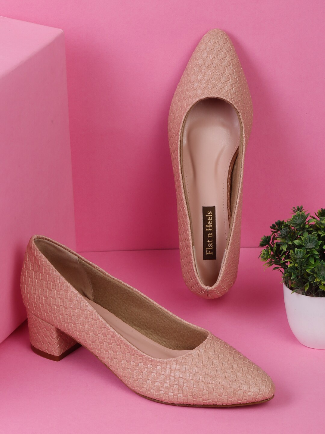 

Flat n Heels Pointed Toe Textured Block Pumps, Pink