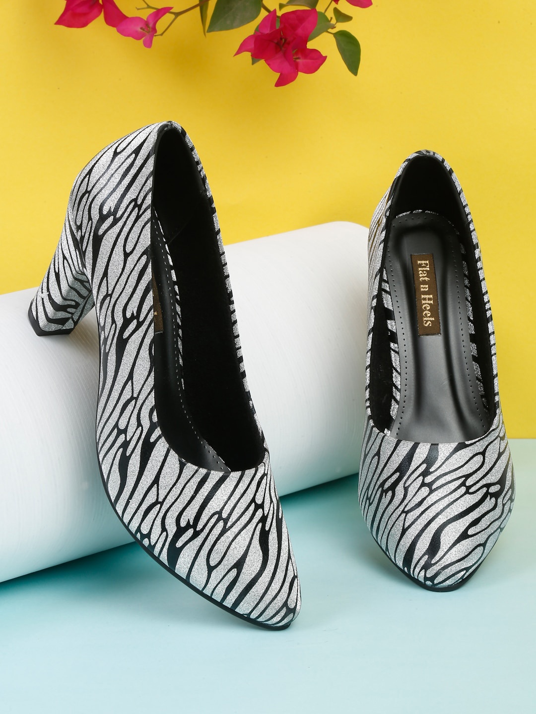 

Flat n Heels Printed Block Heel Pumps, Silver