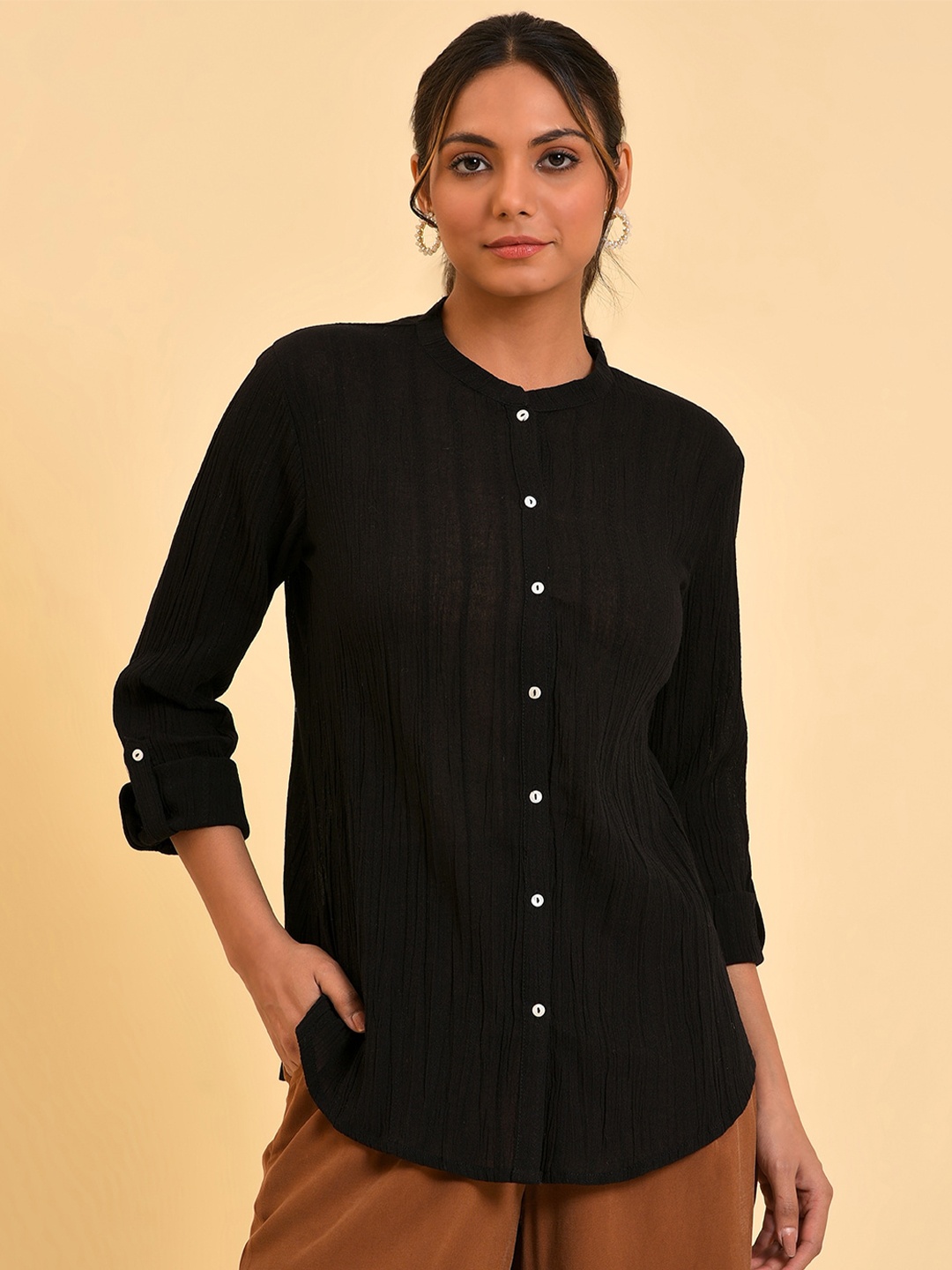 

W Black Mandarin Collar Roll-Up Sleeves Pure Cotton Shirt Style Top
