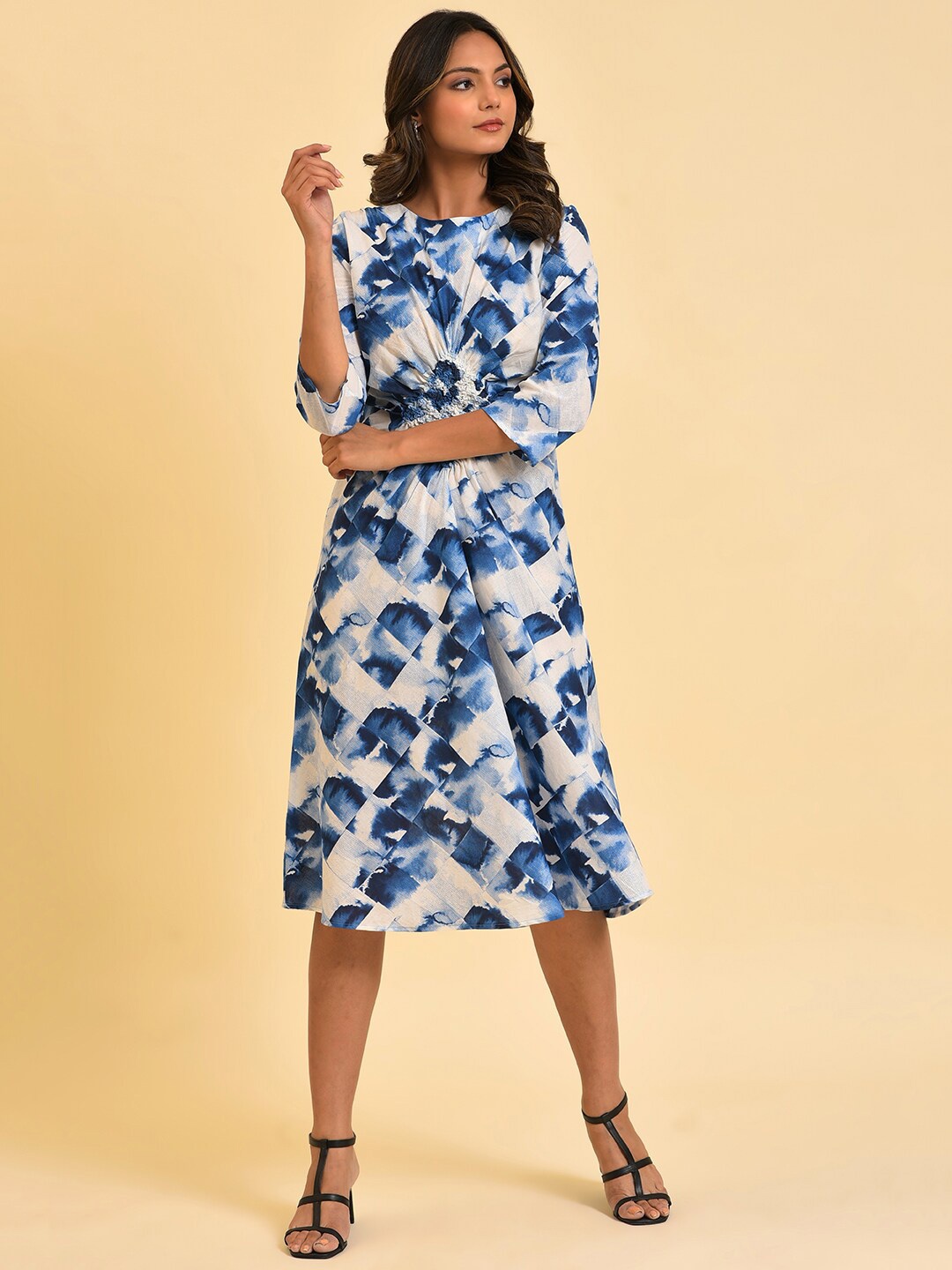 

W Blue & White Abstract Printed Smocked Fit & Flare Cotton Dress