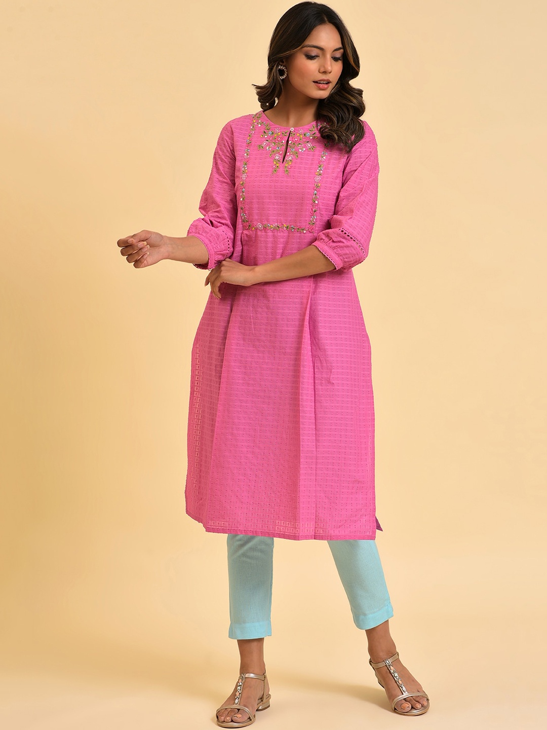 

W Pink Keyhole Neck Woven Design Thread Work Pure Cotton Kurta