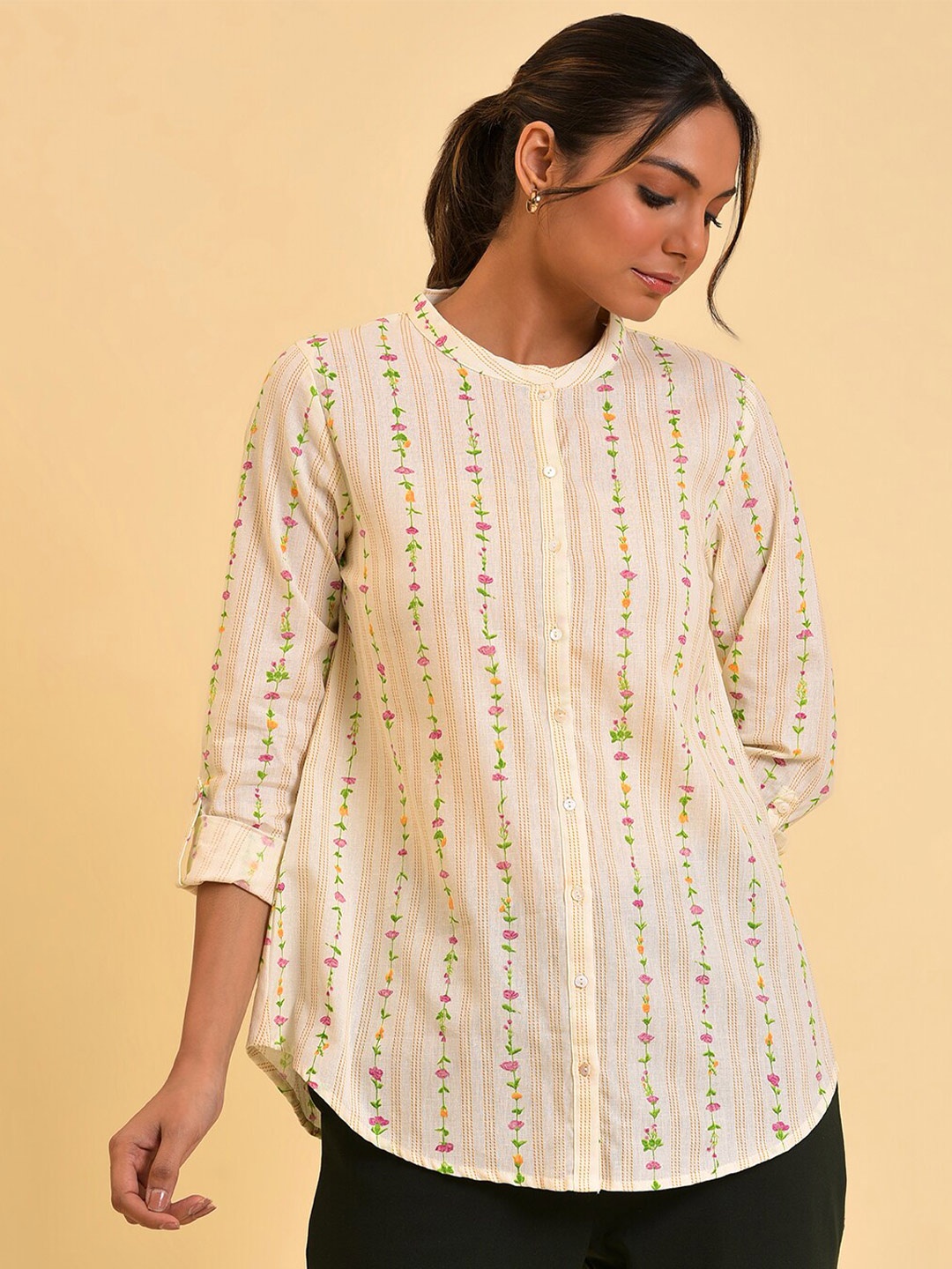 

W White Floral Print Roll-Up Sleeves Cotton Top