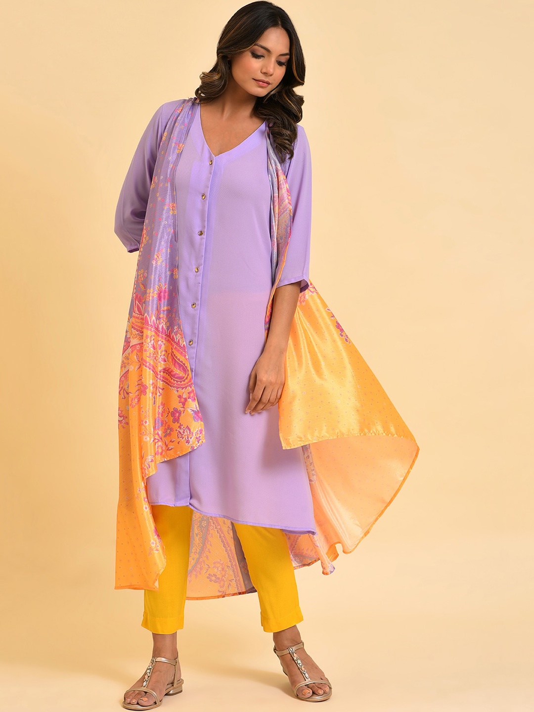 

W Purple V-Neck Ethnic Motifs Printed Layered Kurta