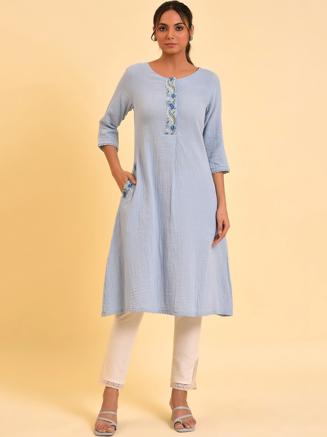 

W Women A-Line Cotton Kurta, Blue