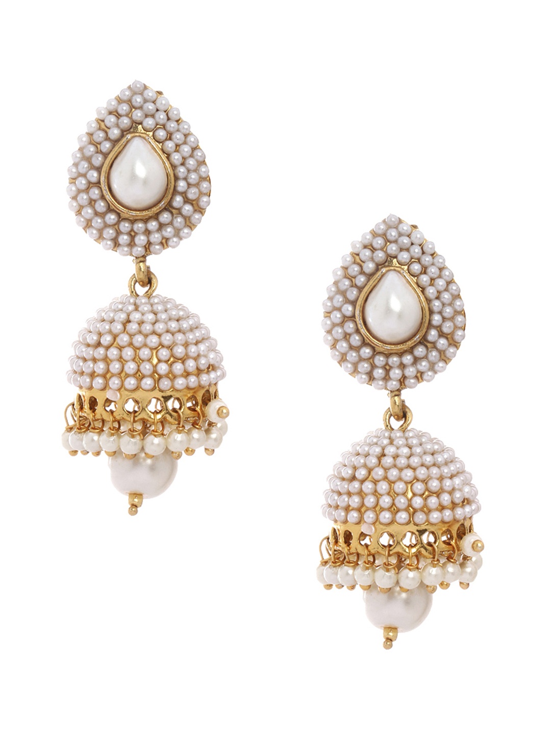 

Shining Diva White & Gold-Toned Dome Shaped Jhumkas