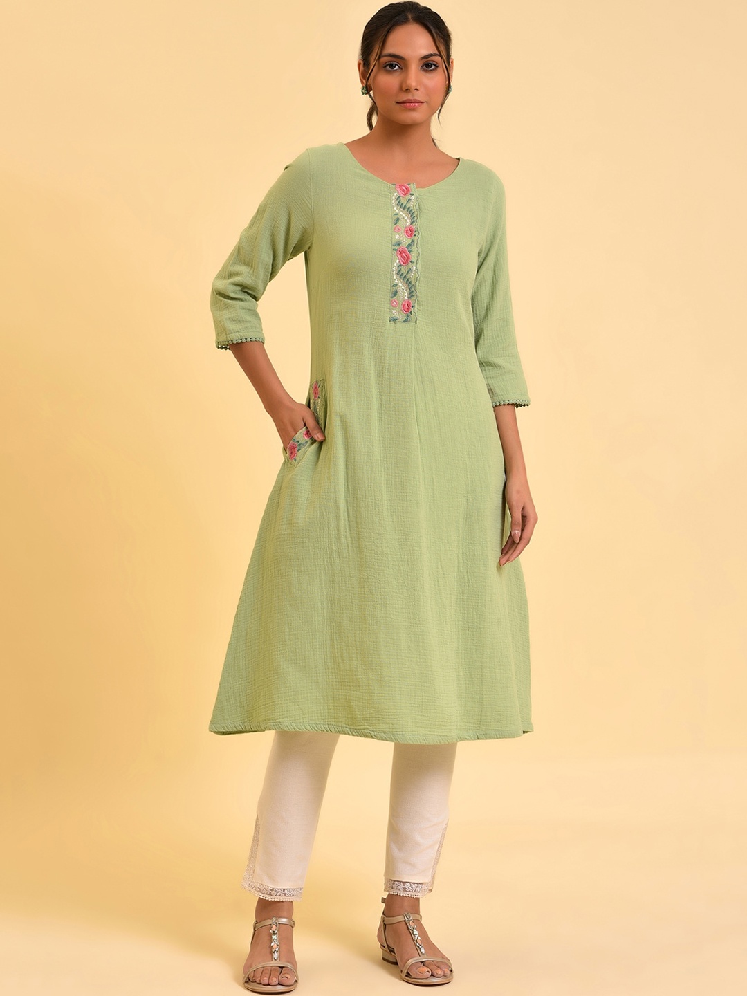 

W Green Floral Embroidered A-Line Pure Cotton Kurta