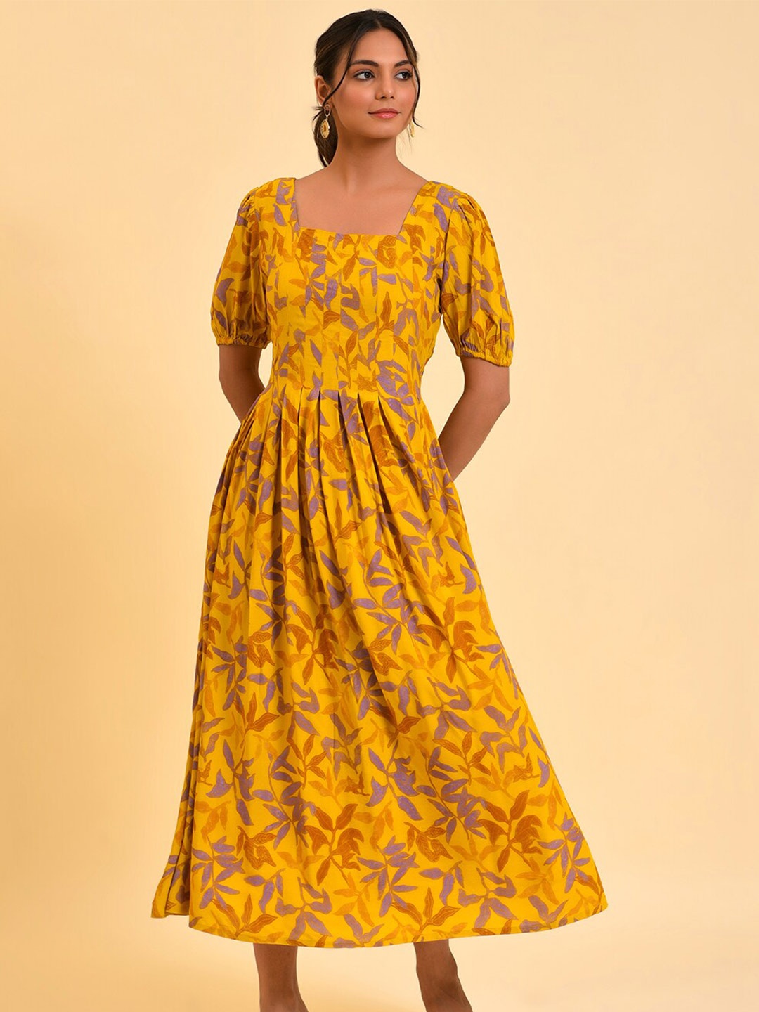 

W Yellow Floral Printed Puff Sleeves Fit & Flare Midi Dress