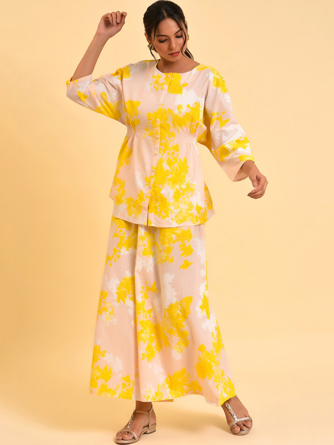 

W Peach-Coloured & Yellow Abstract Printed Pure Cotton Top With Palazzos
