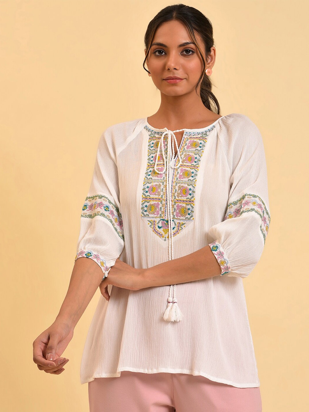 

W White Tie-Up Neck Embroidered Raglan Sleeve Top