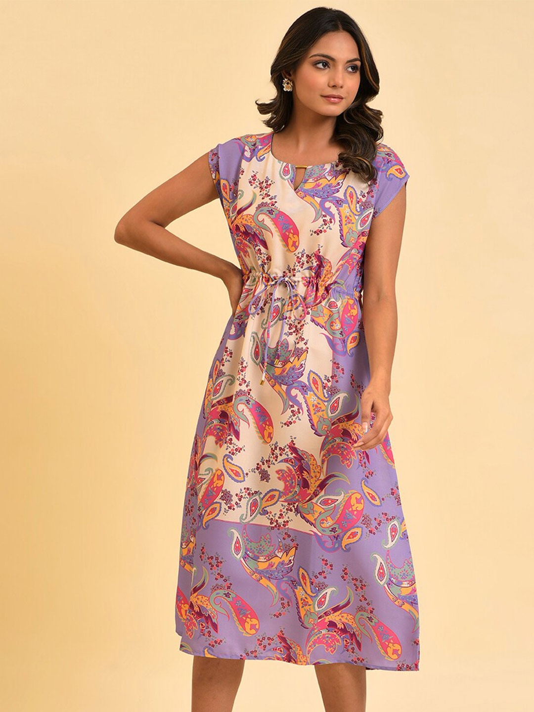 

W Purple Ethnic Motifs Printed Tie Up Ruched A-Line Midi Dress