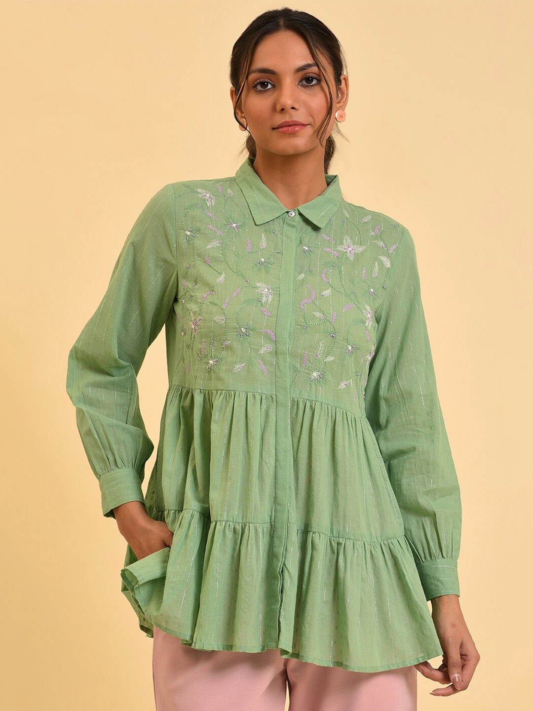 

W Green Floral Printed Cotton Shirt Style Top