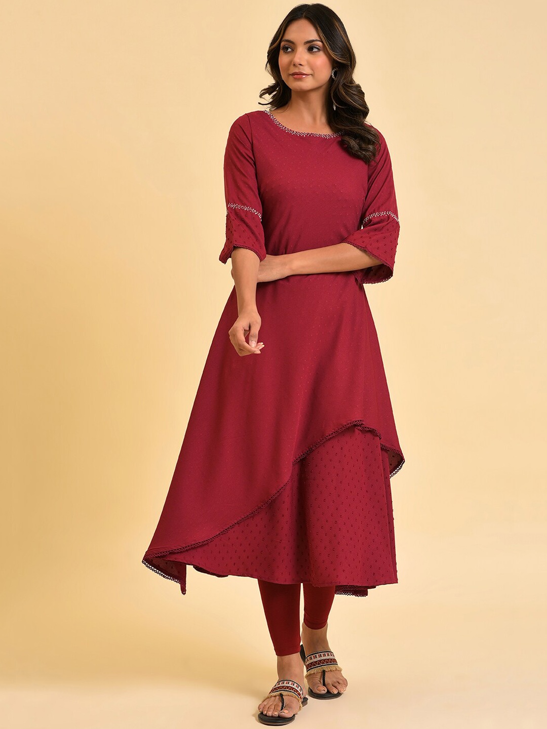 

W Maroon Woven Design Thread Work Layered A-Line Kurta
