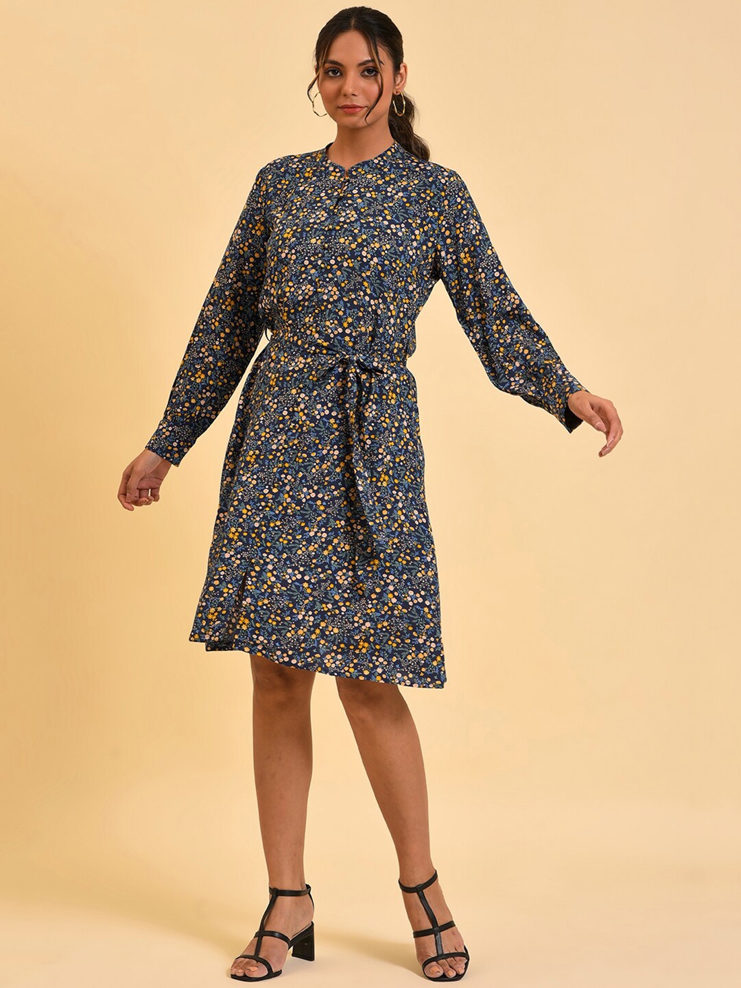 

W Blue Floral Printed A-Line Dress With Belt