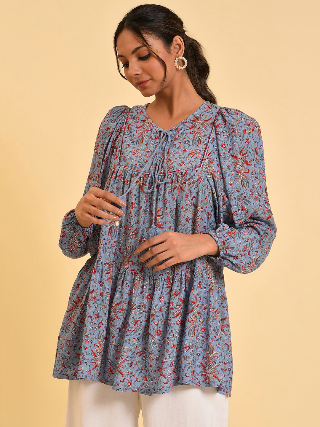 

W Blue Ethnic Motifs Printed Tie-Up Neck Puff Sleeve A-Line Top