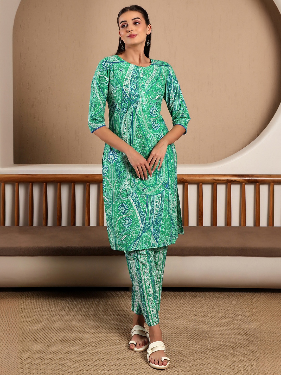 

W Green & Blue Lace Insert Ethnic Motifs Printed Pure Cotton Kurta with Trousers