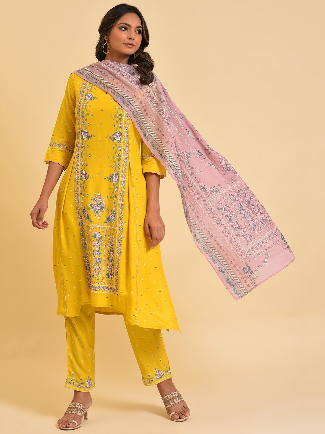 

W Floral Printed Cotton Dupatta, Peach