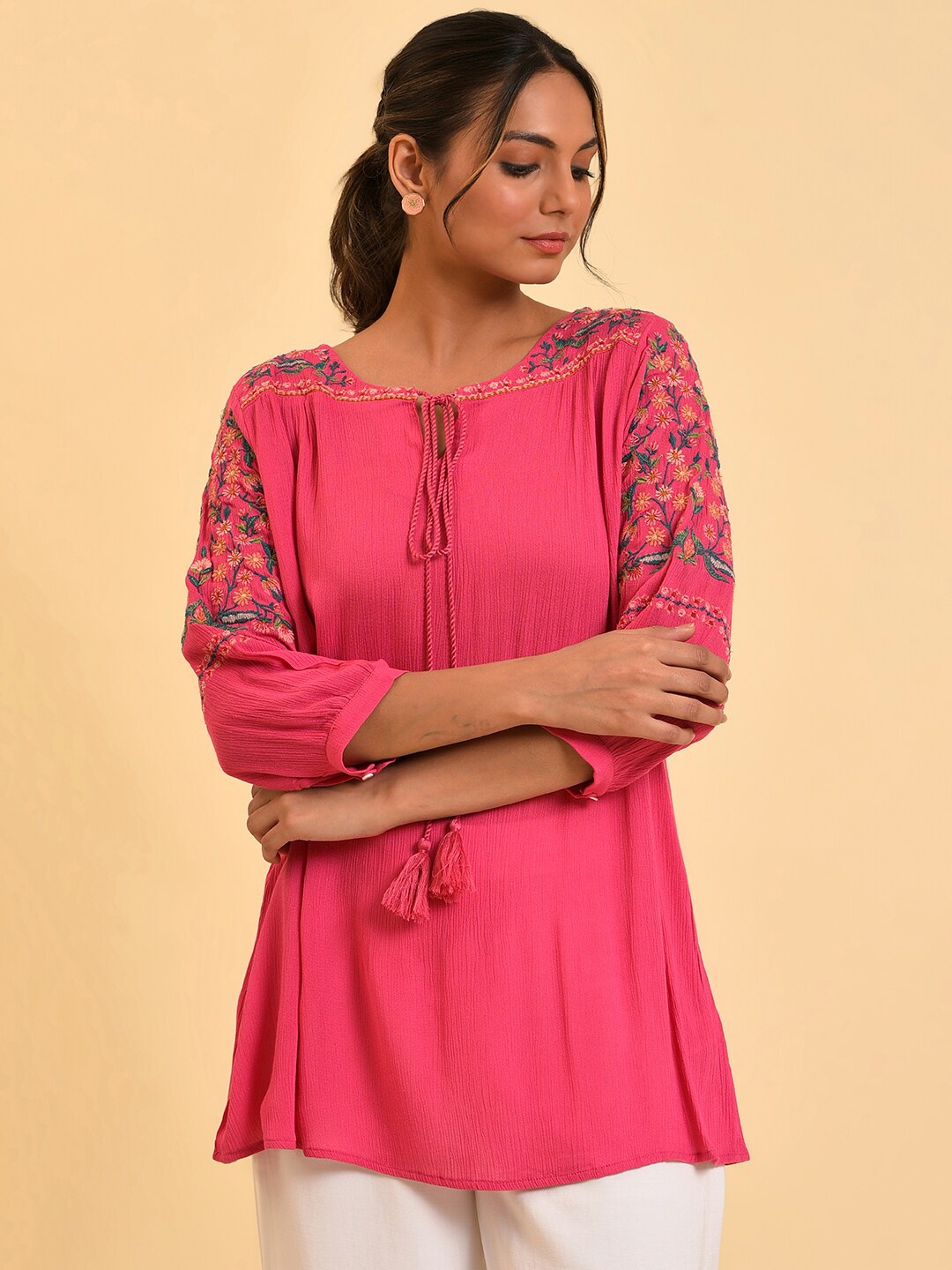 

W Pink Tie-Up Neck Embroidered Longline A-Line Top
