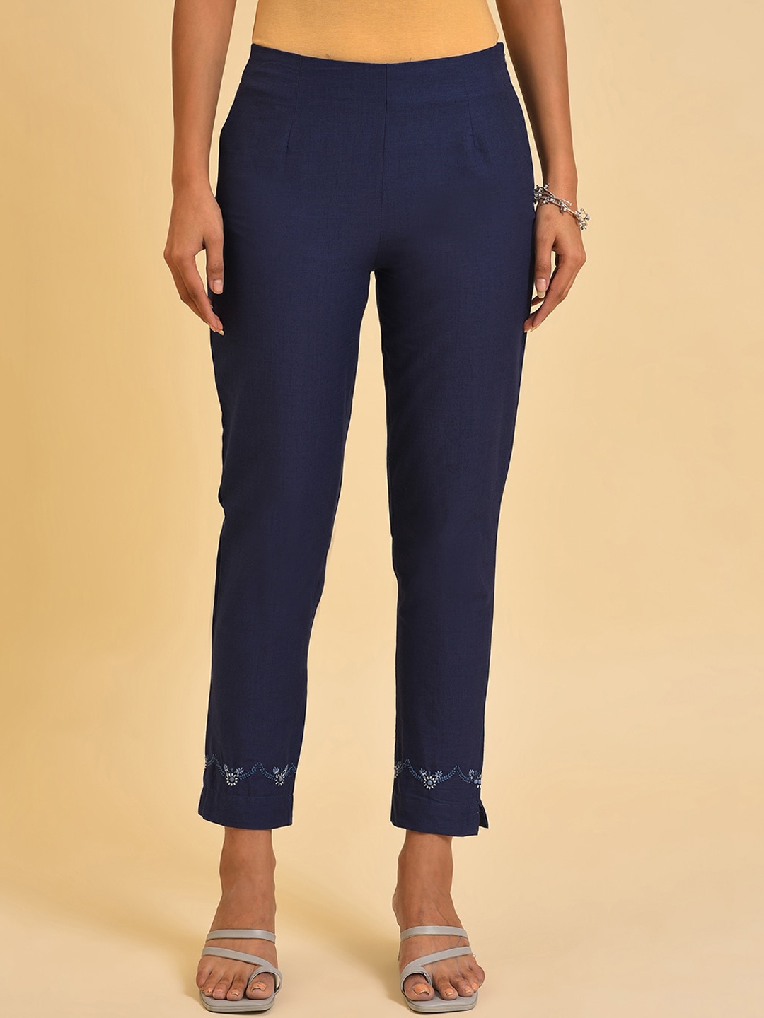 

W Women Blue Slim Fit Pure Cotton Cigarette Trousers