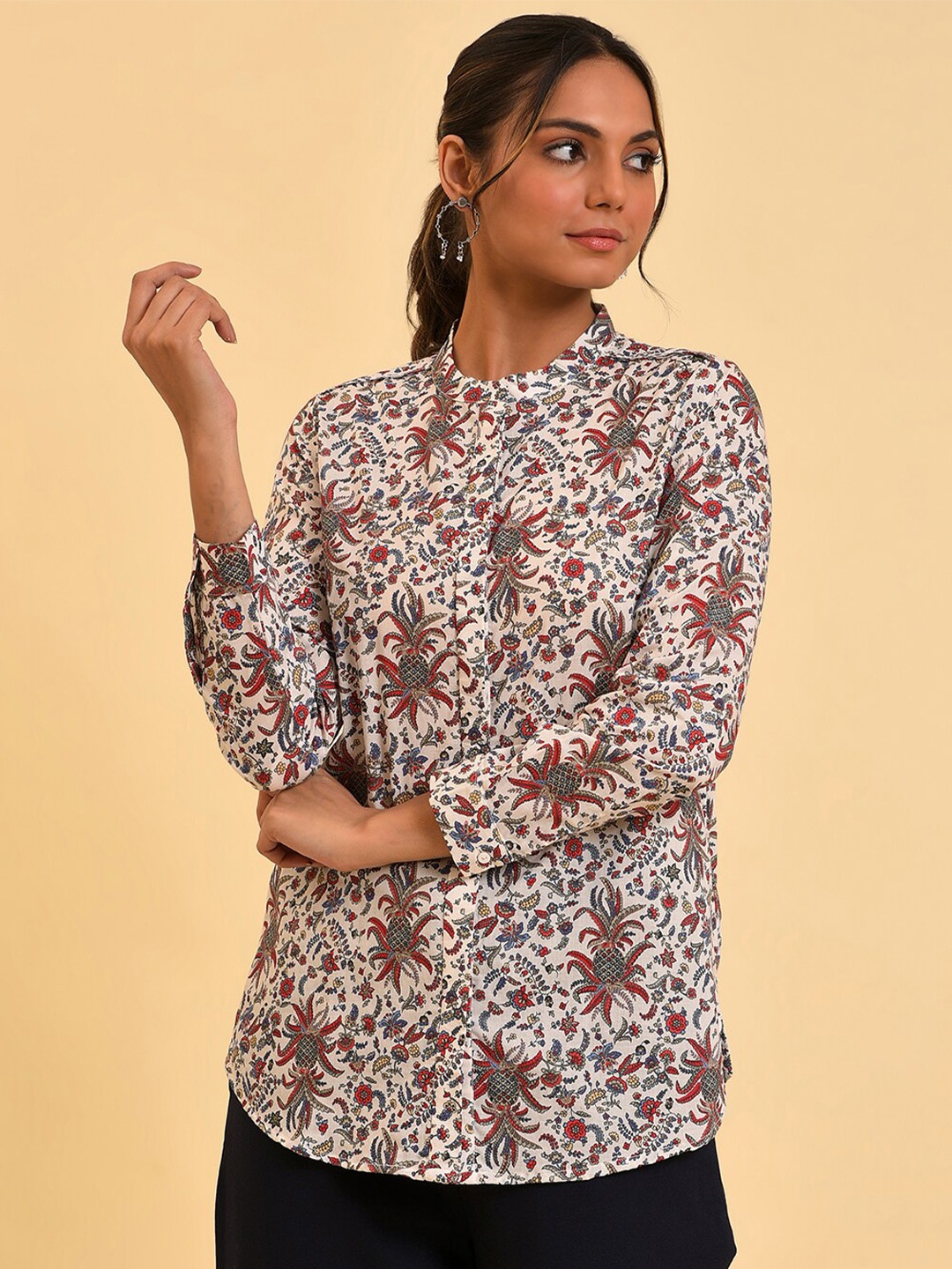 

W White Ethnic Motifs Printed Pure Cotton Shirt Style Top