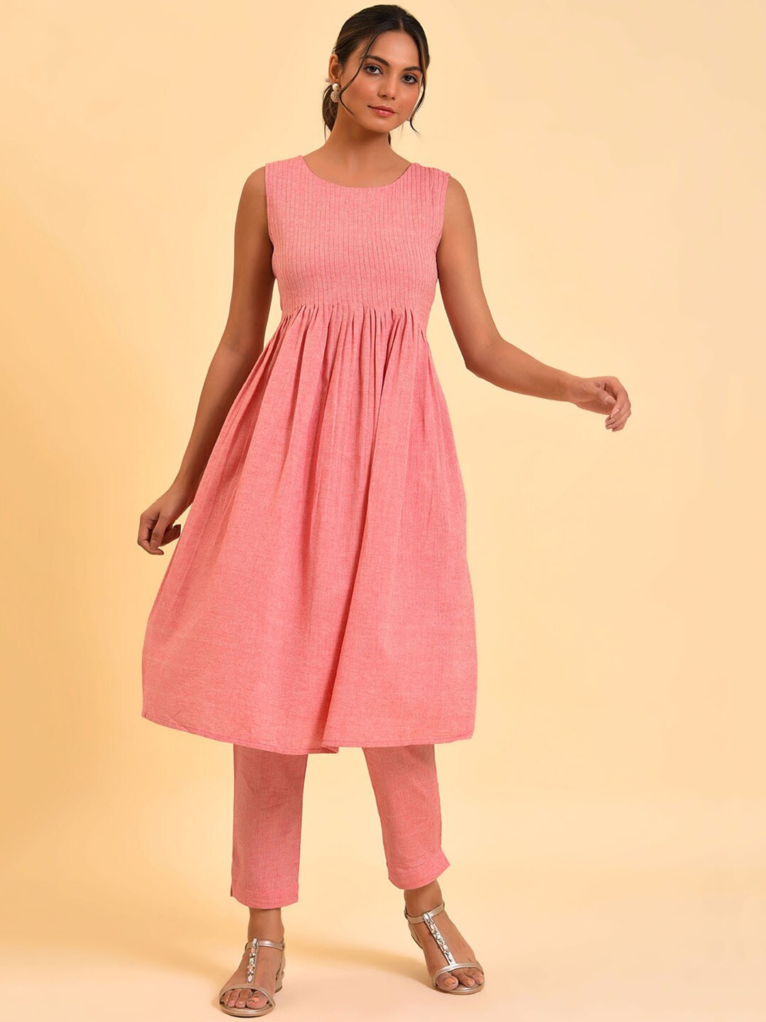 

W Peach-coloured Pleated A-Line Pure Cotton Kurta with Trousers