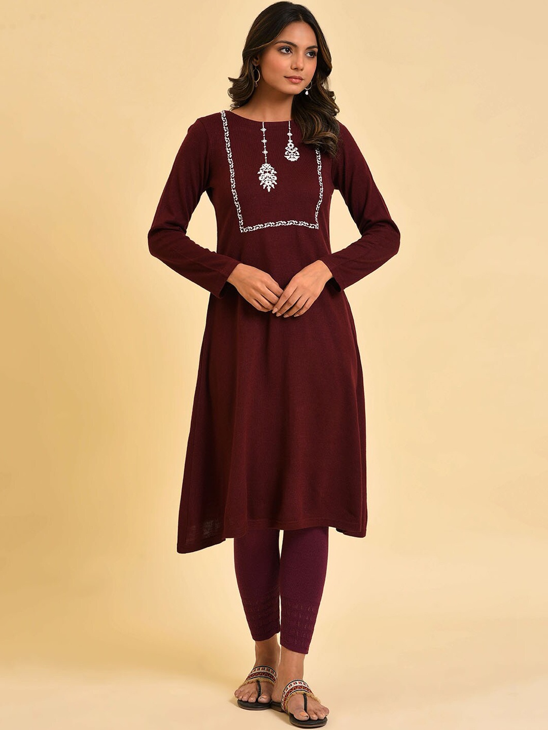 

W Red Ethnic Motifs Yoke Design Thread Work A-Line Kurta