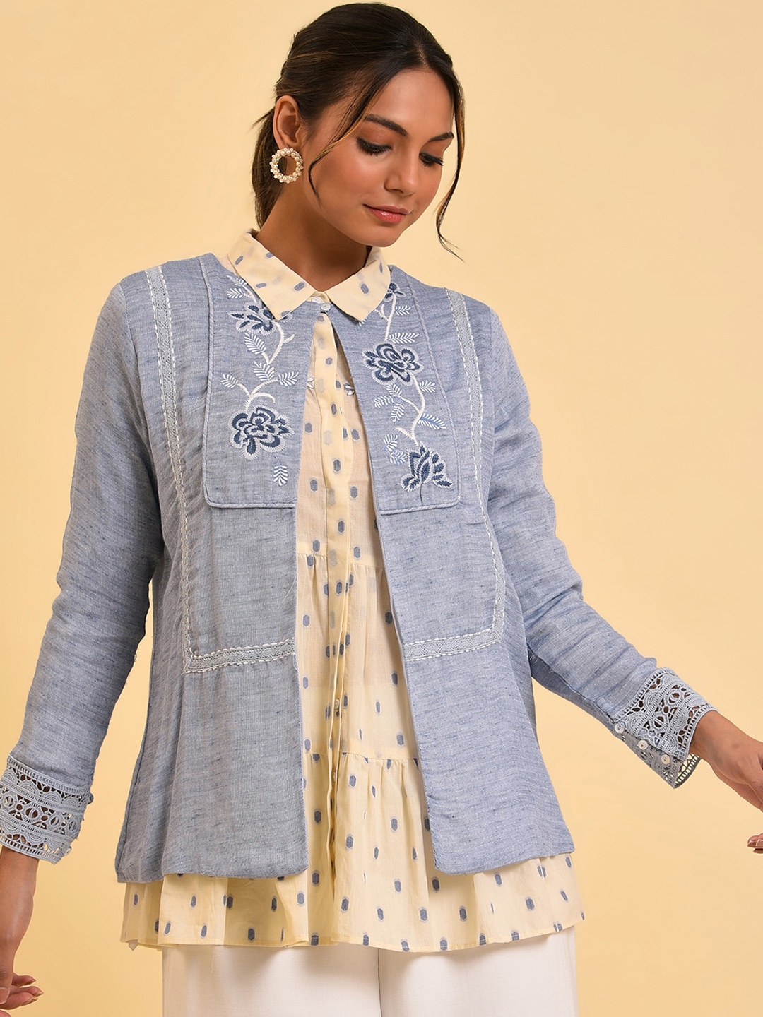 

W Women Embroidered Cotton Jacket, Blue