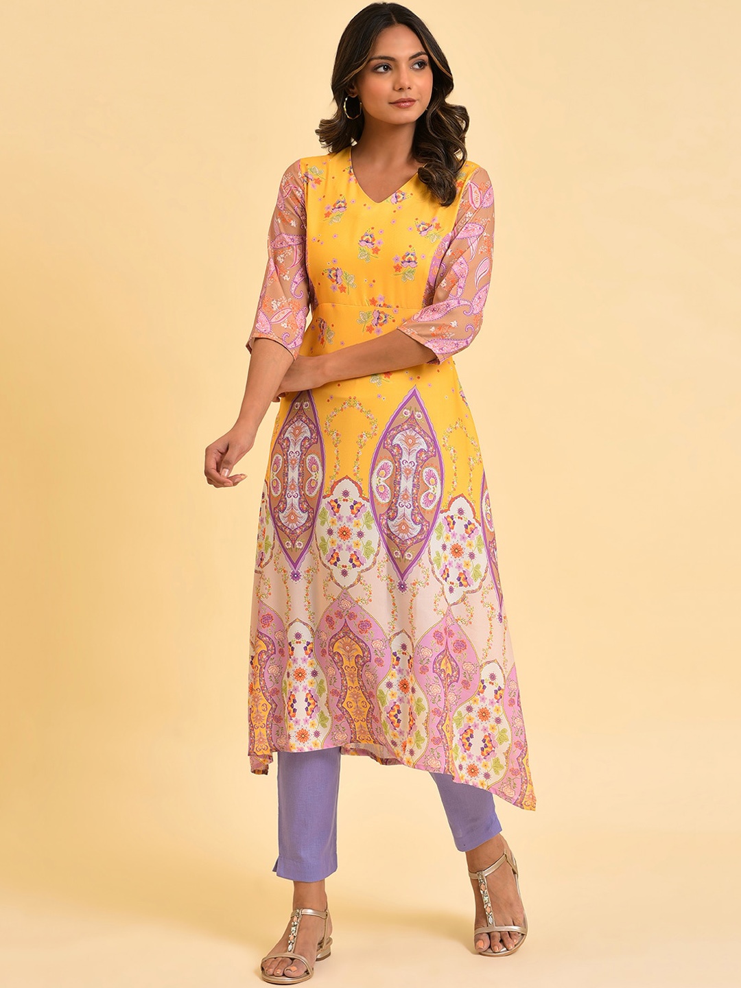 W Yellow & Purple Ethnic Motifs Printed A-Line Kurta