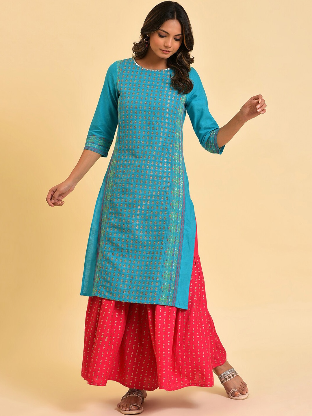 

W Women Straight Cotton Kurta, Turquoise blue