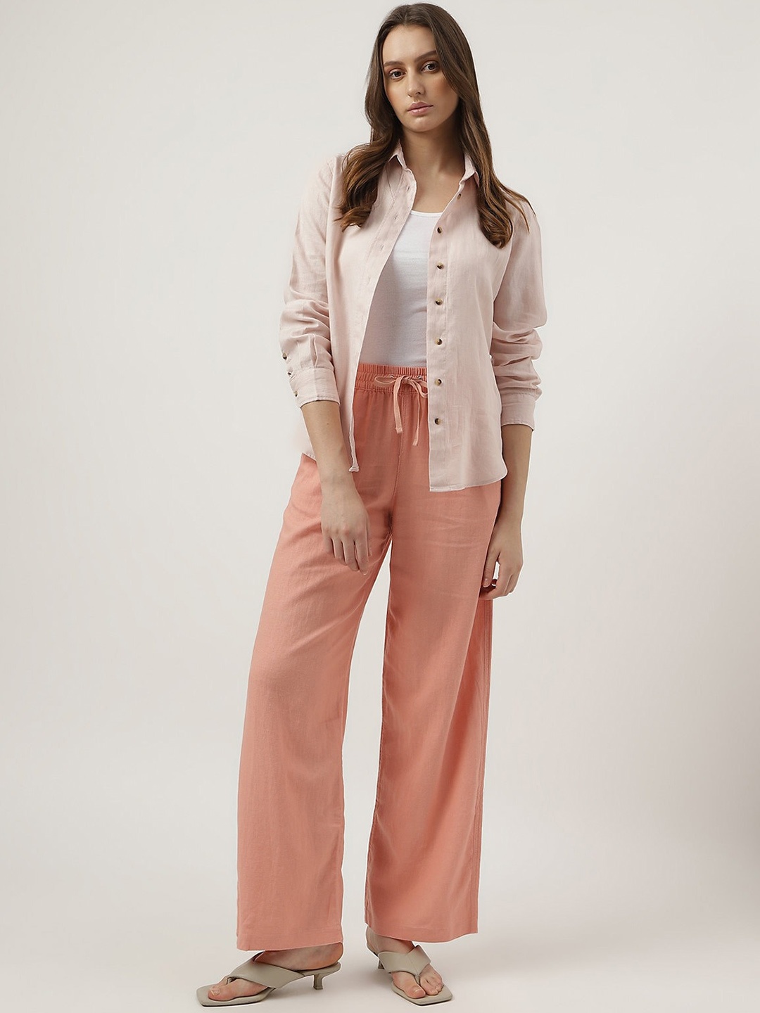 

Marks & Spencer Women Straight Fit Mid-Rise Parallel Trousers, Peach