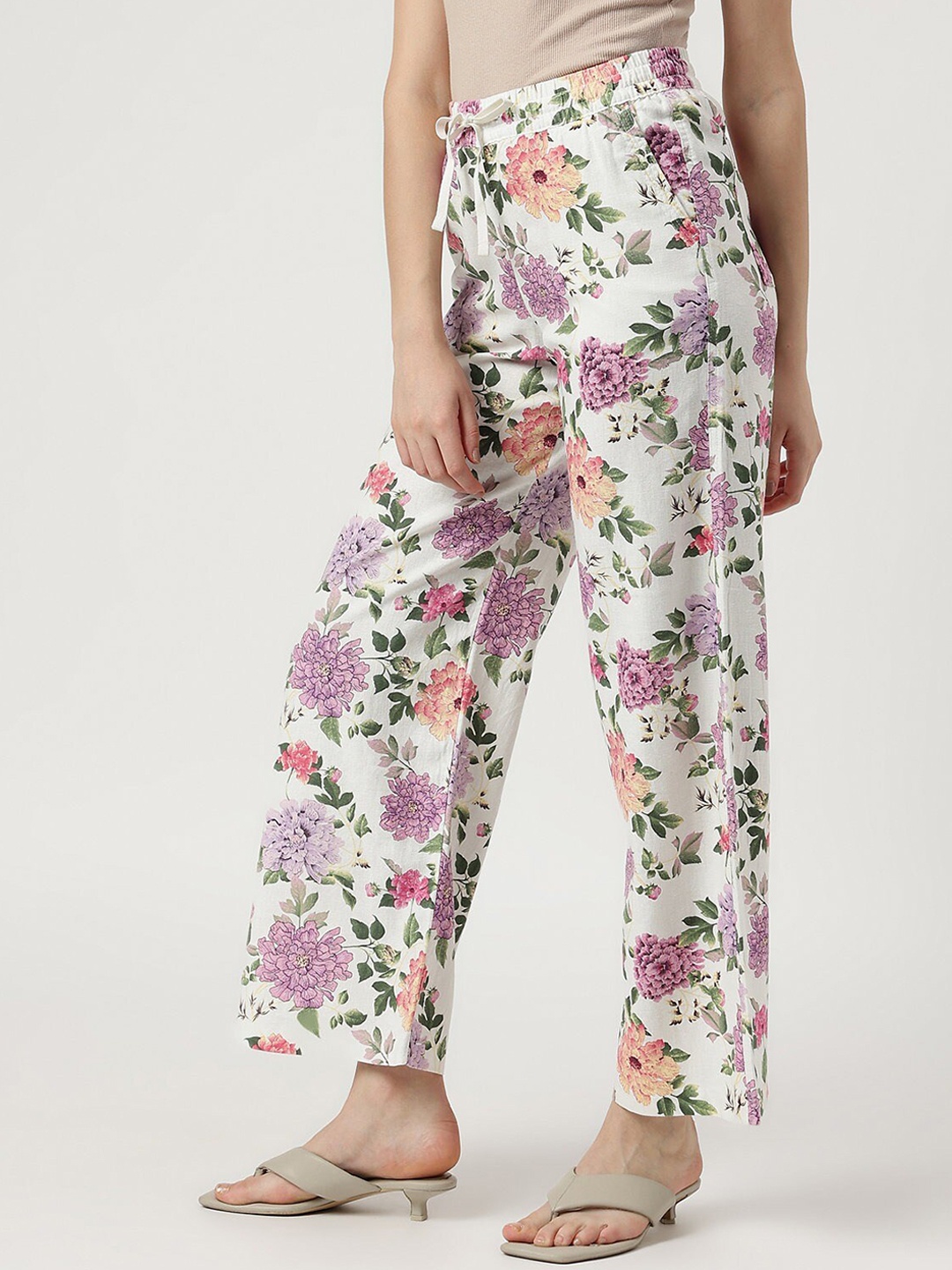 

Marks & Spencer Women Floral Printed High-Rise Straight Fit Parallel Trousers, White