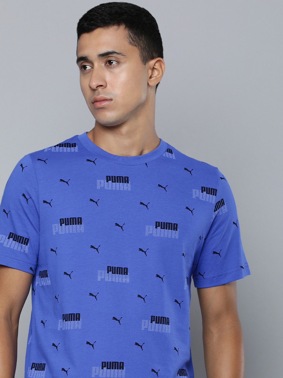 

Puma Men Essential+ Brand Logo Power AOP Print Knitted Pure Cotton T-Shirt, Blue