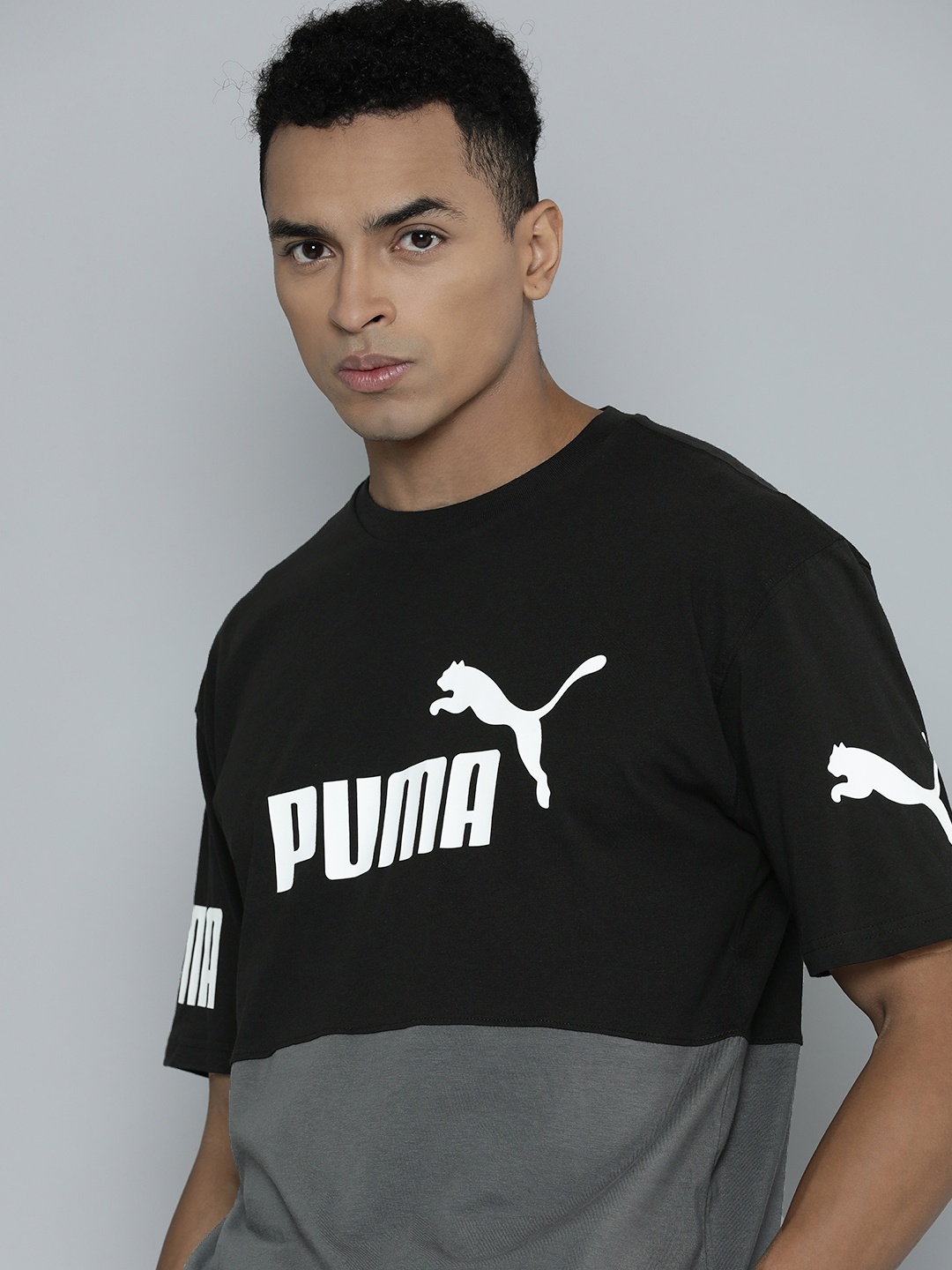 

Puma Men POWER Colorblock Brand Logo Print Pure Cotton Drop-Shoulder Sleeves T-shirt, Black