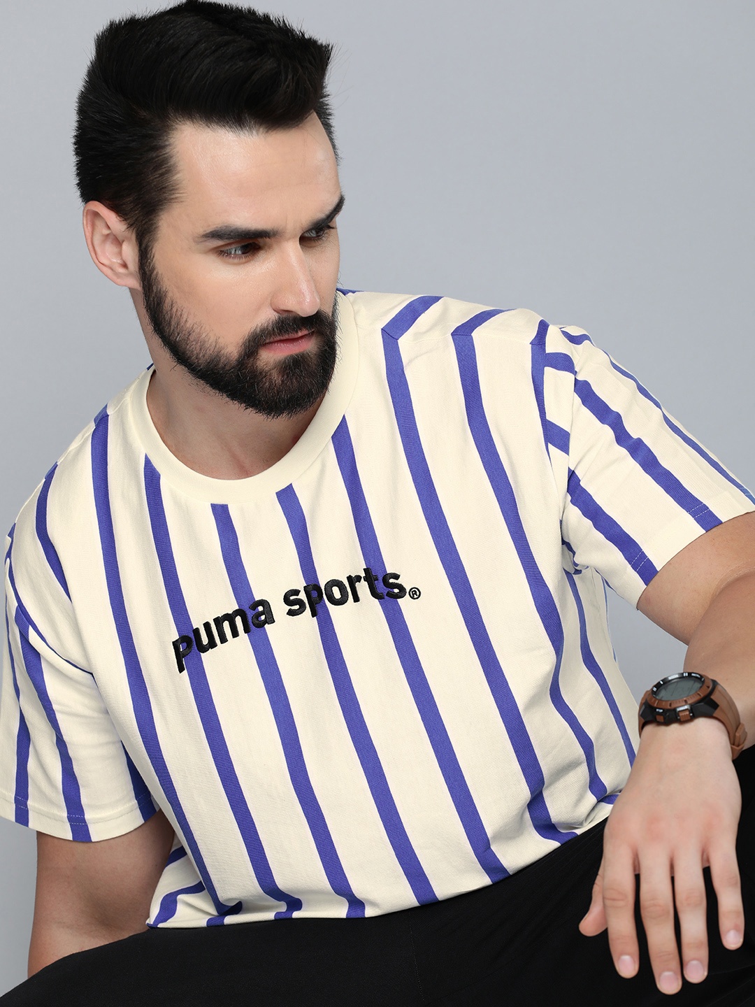 

Puma TEAM Striped Drop-Shoulder Sleeves Relaxed Fit Pure Cotton T-shirt, White