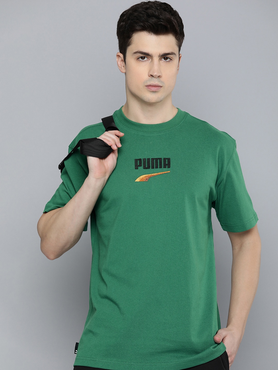 

Puma DOWNTOWN Brand Logo Embroidered Relaxed Fit Pure Cotton T-shirt, Green