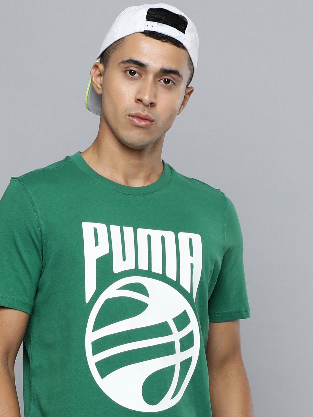 

Puma Men Posterize Pure Cotton Brand Logo Printed Basketball T-shirt, Green