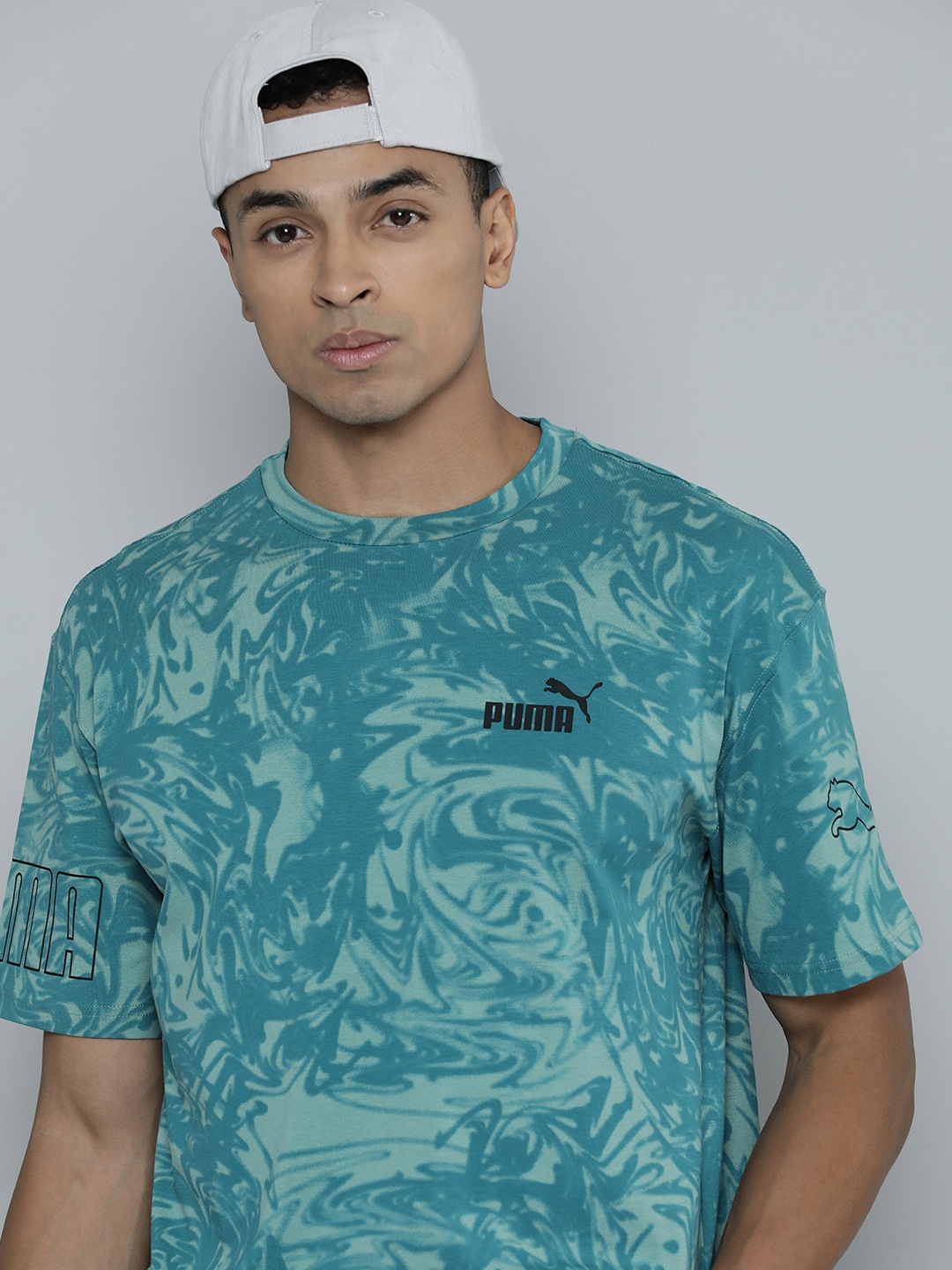 

PUMA Relaxed Fit Pure Cotton Abstract Printed POWER AOP T-Shirt, Blue