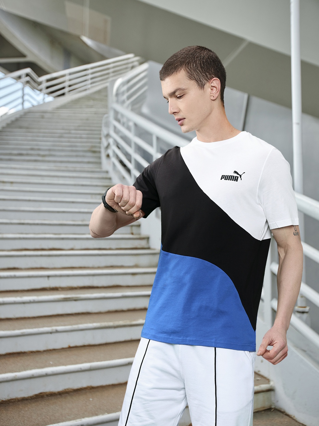 

PUMA Pure Cotton Colourblocked POWER Cat Regular fit T-Shirt, Navy blue