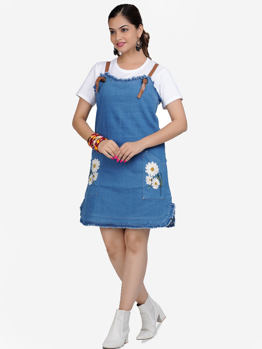 

SUMAVI-FASHION Floral Embroidered Cotton Denim Pinafore Dress With Top, Blue