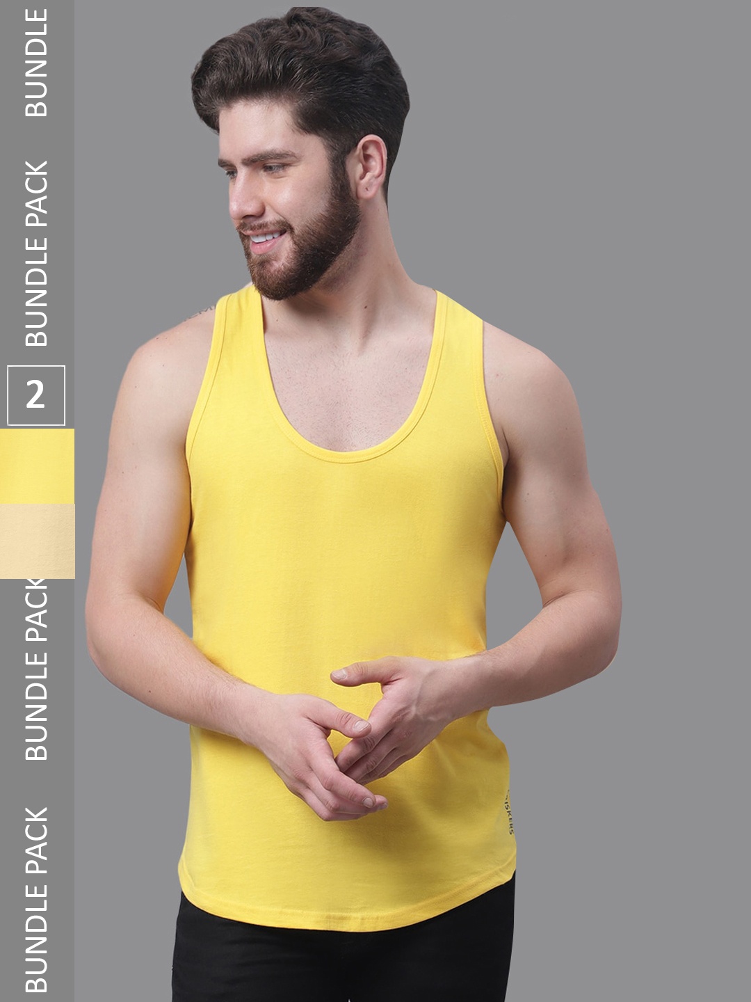 

Friskers Pack Of 2 Bio-Wash Pure Cotton Gym Vest, Yellow