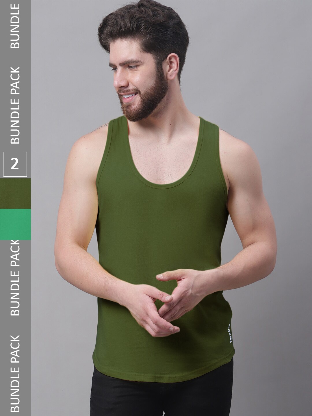 

Friskers Pack Of 2 Pure Cotton Skin Friendly Gym Innerwear Vests, Olive