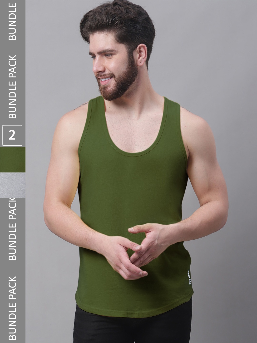 

Friskers Pack Of 2 Pure Cotton Skin Friendly Gym Innerwear Vests, Olive