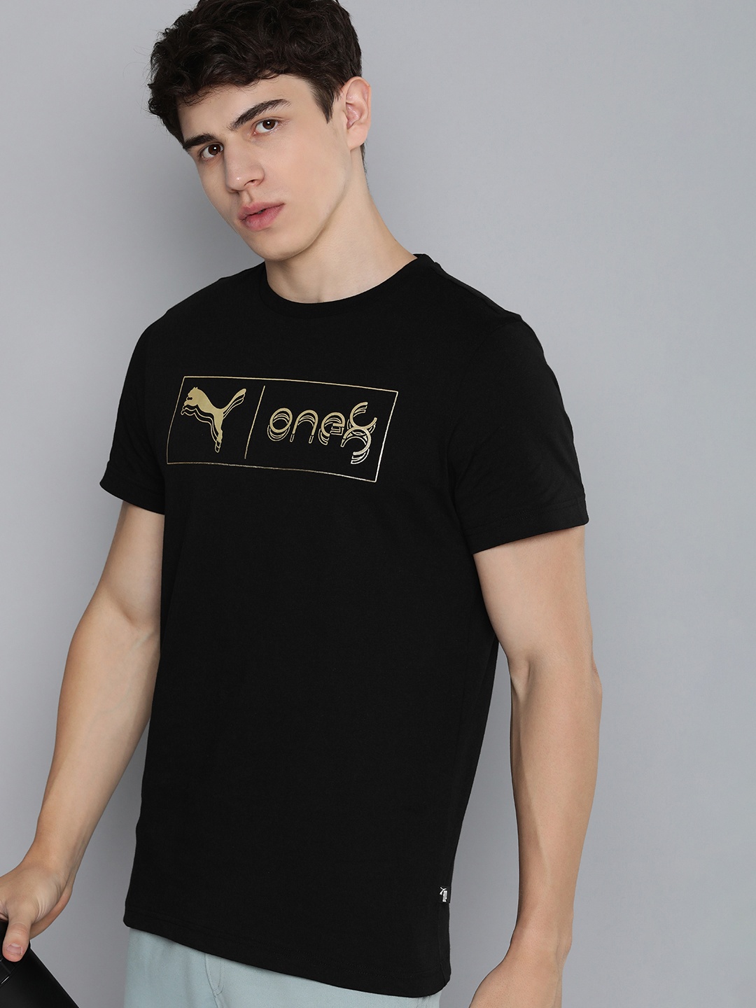 

one8 x PUMA Gold Foil Brand Logo Printed Pure Cotton Slim Fit T-shirt, Black