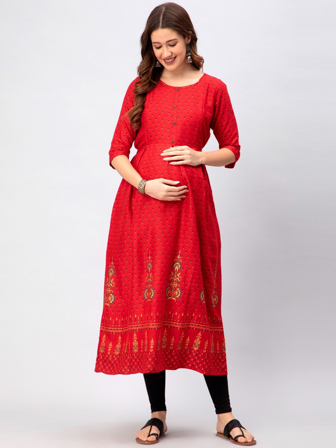 

CEE-18 Ethnic Motifs Printed A-Line Midi-Length Maternity Ethnic Dress, Red
