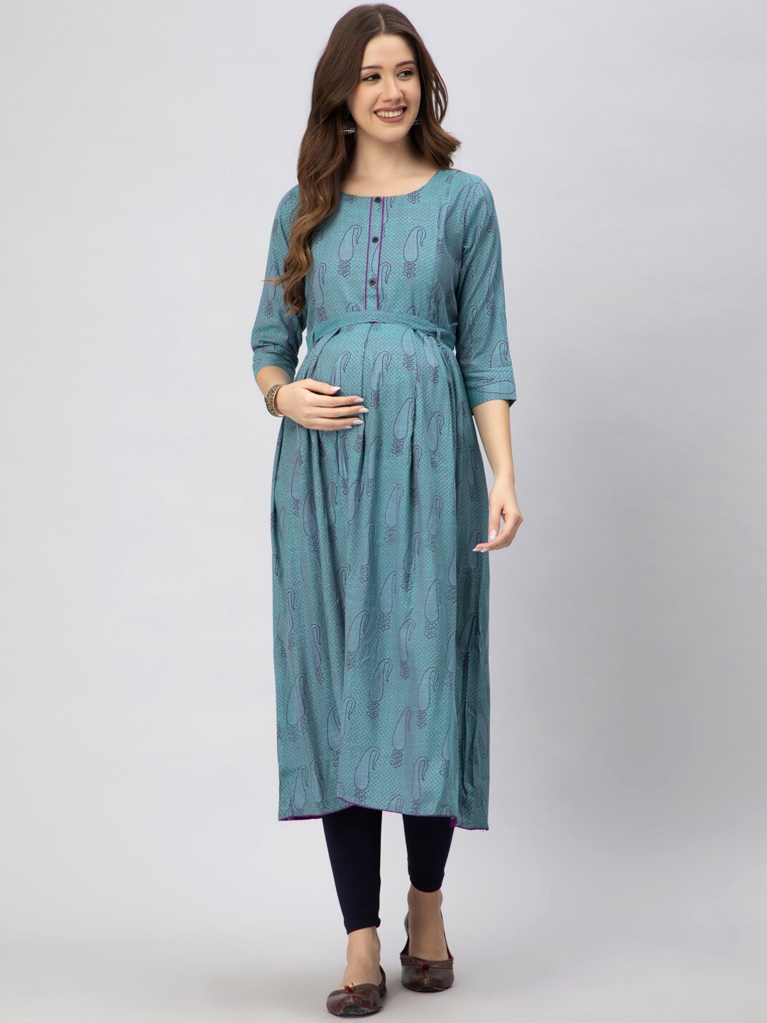 

CEE-18 Maternity Paisley Printed Pleated Belted A-Line Kurta, Turquoise blue